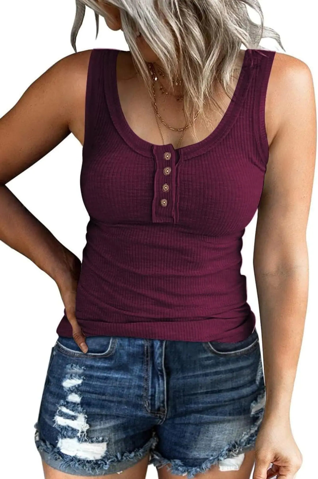 Womens Sleeveless Button Down Tank Tops Ribbed Henley V Neck Button Down T Shirts Slim Fit Tee Tops Wine M