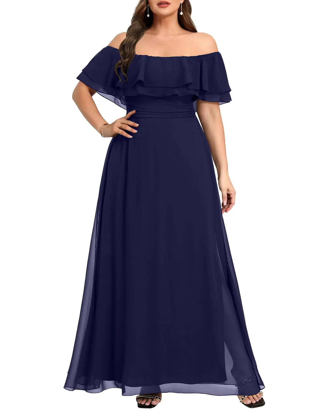 Plus Size Formal Dresses Women Navy Blue Wedding Guest Maxi Long Bridesmaid Evening Off The Shoulder Chiffon Flowy Dress