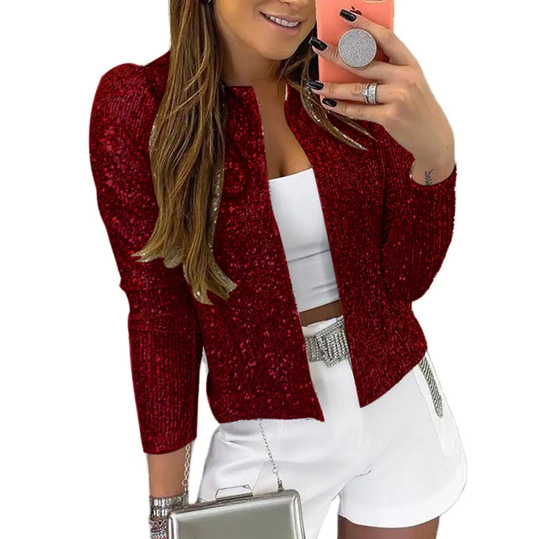 Women Sequin Jacket Sparkle Open Front Casual Long Sleeve Blazers Coat Wine Red XL