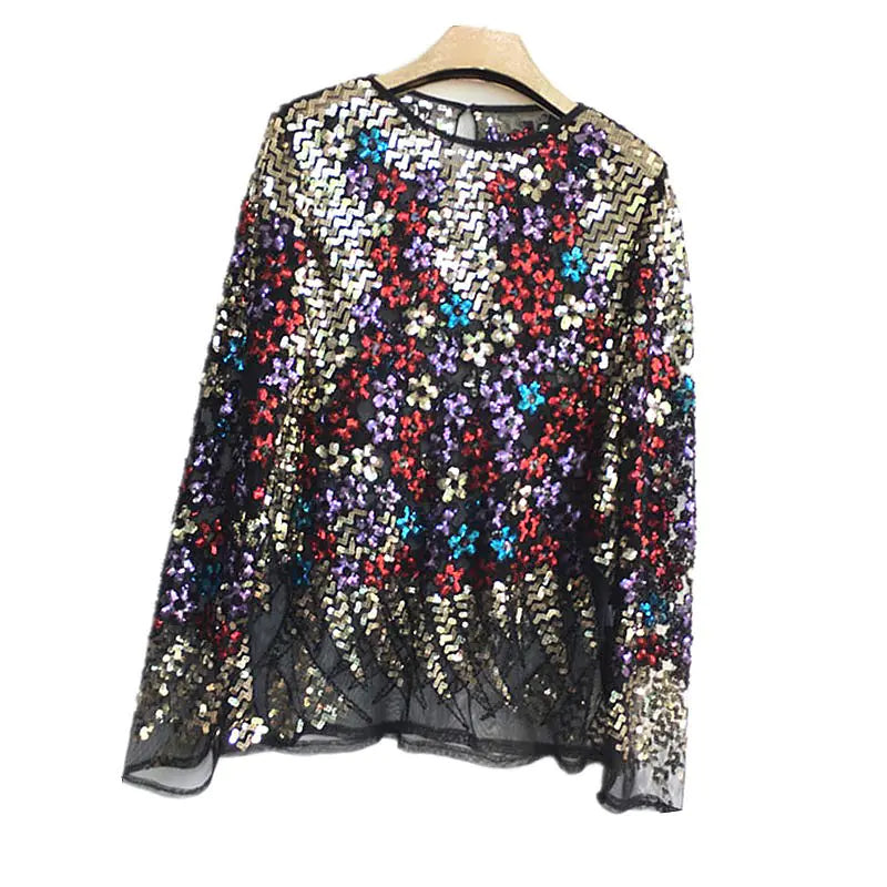 Lace Beaded Sequined Long-Sleeved Floral Shirt