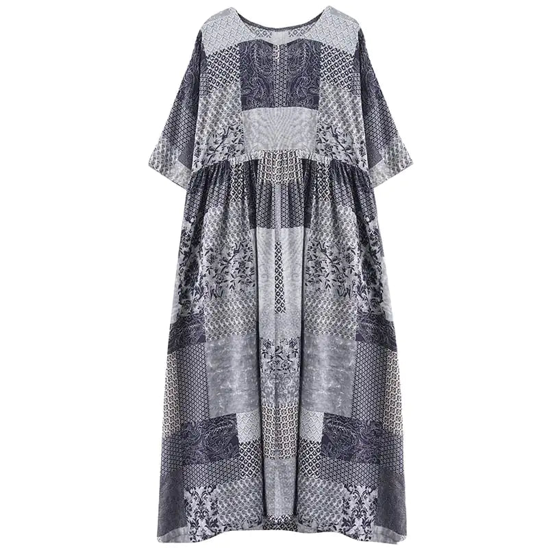 Plus Size Loose Cotton Linen Plaid Short-Sleeve Dress
