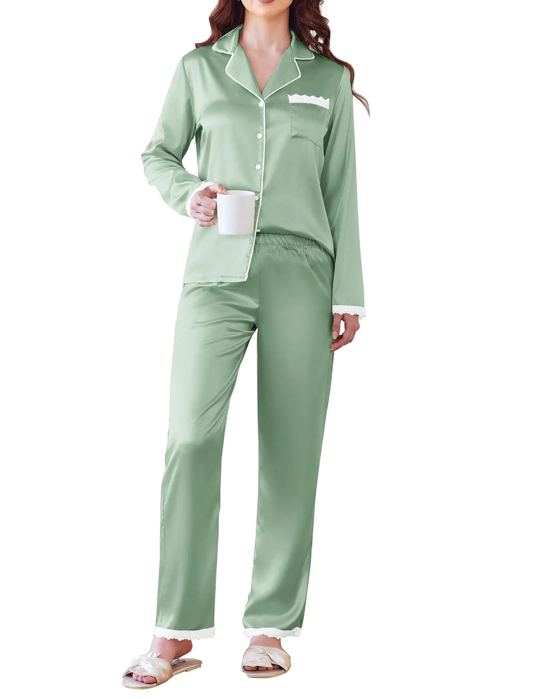 Ekouaer Satin Pajamas for Women Silk Long Sleeve Sleepwear Button Down Loungewear 2 Pieces Lace Soft Pjs Set Ice Green