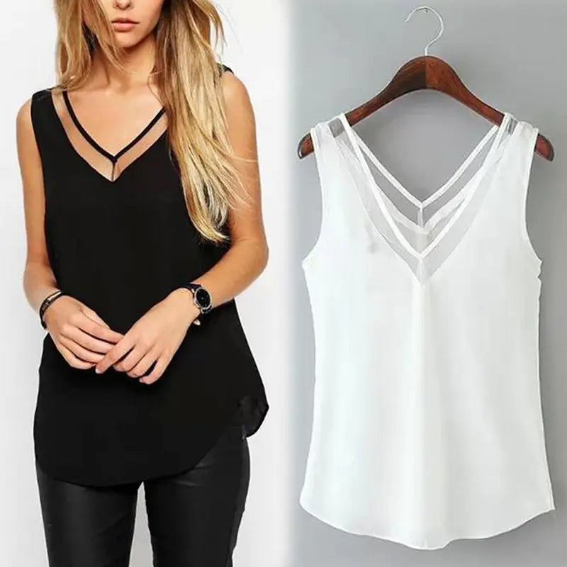 Women's V-Neck Mesh Sleeveless Chiffon Vest