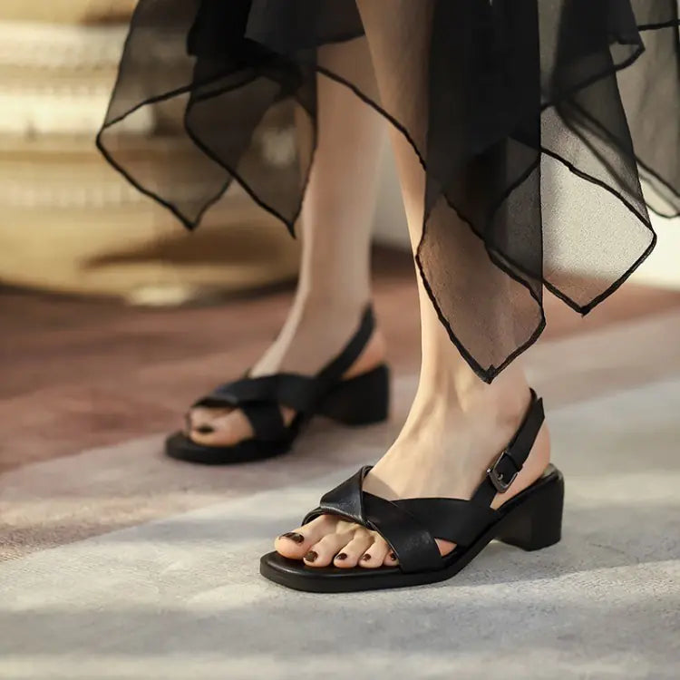 Leather Women's High-Heeled Sandals with Back Buckle